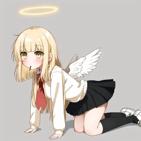 <lora:angelgirl:1.0>,
(angel:1.0), (angel wings:1.1), feathered wings, white wings, wings, halo,
1girl, bangs, beige sweater, black footwear, black legwear, black skirt, blonde hair, blunt bangs, blush, eating, eyebrows visible through hair, from side, full body, grey background, hair bun, hand on ground, legs up, long sleeves, lying, messy hair, on back, pleated skirt, red neckwear, ribbon, school uniform, shoes, simple background, skirt, socks, solo, teeth, yellow eyes, zd \(pixiv6210083\)