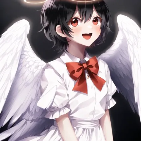 <lora:angelgirl:1.0>,
(angel:1.0), (angel wings:1.2), feathered wings, white wings, wings, halo,
1girl, 2boys, black eyes, black hair, bow, hair bow, multiple boys, open mouth, orange hair, red eyes, redhead, smile, violet eyes