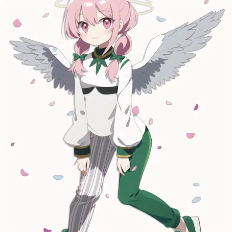<lora:angelgirl:1.0>, 

(angel:1.0), (angel wings:1.1), feathered wings, white wings, wings, halo, 


1girl, antennae, artist name, bending forward, bent over, closed mouth, eyebrows, eyebrows visible through hair, fingernails, full body, gen 7 pokemon, green footwear, grey hair, hair tie, highres, insect girl, insect wings, long hair, long sleeves, low twintails, multicolored hair, no nose, pants, personification, petals, pink eyes, pink hair, see-through, shadow, simple background, sleeves past wrists, smile, solo, striped, striped pants, twintails, two-tone hair, vertical-striped pants, vertical stripes, white background, wings