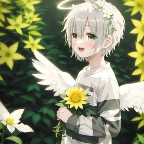 <lora:angelgirl:1.0>,
(angel:1.0), (angel wings:1.1), feathered wings, white wings, wings, halo,
1boy, animal ears, artist name, blush, child, chromatic aberration, english commentary, fangs, flower, from side, furry, goat ears, green shirt, grey eyes, happy, light blush, long sleeves, looking at viewer, male focus, open mouth, plant, sad, shirt, short hair, smile, solo, spacecolonie, standing, striped, striped shirt, tears, upper body, vines, watermark, white hair, yellow flower