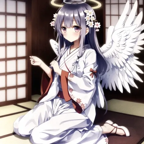 <lora:angelgirl:1.0>,
(angel:1.0), (angel wings:1.1), feathered wings, white wings, wings, halo,
japanese clothes, miko