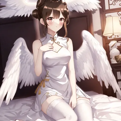 <lora:angelgirl:1.0>,
(angel:1.0), (angel wings:1.1), feathered wings, white wings, wings, halo,
bed, brown hair, bun cover, china dress, chinadress, chinese clothes, double bun, thigh-highs, thighhighs, double buns