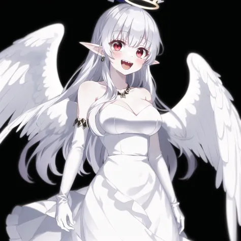 <lora:angelgirl:1.0>,
(angel:1.0), (angel wings:1.1), feathered wings, white wings, wings, halo,
1girl, ahoge, bangs, bare shoulders, black background, blush, breasts, crossed bangs, crown, dress, earrings, gloves, highres, jewelry, little mea, long hair, long tongue, looking at viewer, pale skin, pointy ears, red eyes, sharp teeth, silver hair, small breasts, smile, solo, super crown, teeth, tongue, tongue out, white dress, white gloves, younger
