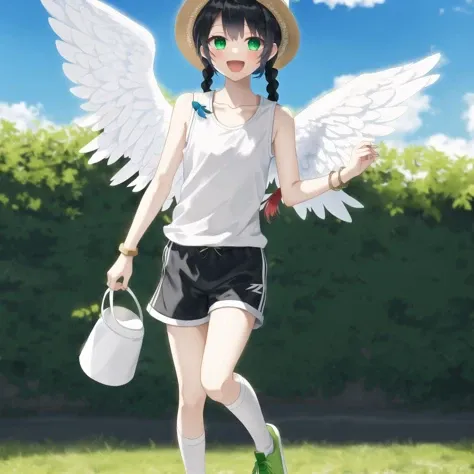 <lora:angelgirl:1.0>,
(angel:1.0), (angel wings:1.1), feathered wings, white wings, wings, halo,
1boy, 1girl, :d, bag, black hair, blue shirt, bracelet, braid, bucket hat, clenched hands, collarbone, green footwear, hat, highres, jewelry, knees, leg up, leggings, open mouth, red headwear, running, shirt, shoes, shorts, shoulder bag, sleeveless, sleeveless shirt, smile, standing, tank top, teru zeta, tongue, twin braids, upper teeth, white shorts, z-ring
