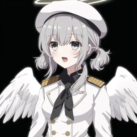 <lora:angelgirl:1.0>,
(angel:1.0), (angel wings:1.1), feathered wings, white wings, wings, halo,
1girl, beret, black headwear, buttons, epaulettes, gloves, grey eyes, hat, highres, jacket, long hair, long sleeves, looking at viewer, military jacket, neckerchief, open mouth, red neckwear, sidelocks, silver hair, simple background, solo, twintails, upper body, wavy hair, white background, white gloves, white jacket