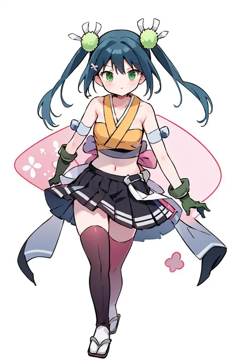 (masterpiece, best quality), 1girl, <lora:hibachi-nvwls-v1:1> msHibachi, hair ornament, armband, japanese clothes, bandeau, sleeveless, black skirt, green gloves, thighhighs, hair ornament, armband, bandeau, cleavage, black skirt, green gloves, thighhighs, midriff