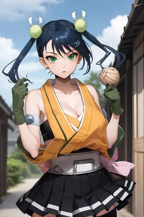 (masterpiece, best quality), 1girl, <lora:hibachi-nvwls-v1:1> msHibachi, hair ornament, armband, japanese clothes, bandeau, sleeveless, black skirt, green gloves, thighhighs, hair ornament, armband, bandeau, cleavage, black skirt, green gloves, thighhighs, midriff