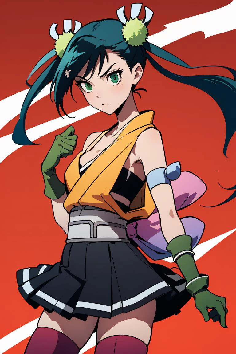 (masterpiece, best quality), 1girl, <lora:hibachi-nvwls-v1:1> msHibachi, hair ornament, armband, japanese clothes, bandeau, sleeveless, black skirt, green gloves, thighhighs, hair ornament, armband, bandeau, cleavage, black skirt, green gloves, thighhighs, midriff