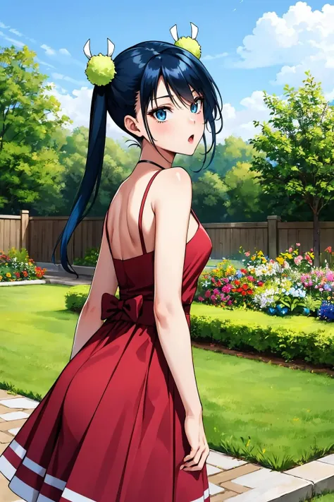 masterpiece, best quality, <lora:hibachi-nvwls-v1-000009:0.9> mshibachi, hair ornament, red sundress, :o, sky, garden, looking at viewer