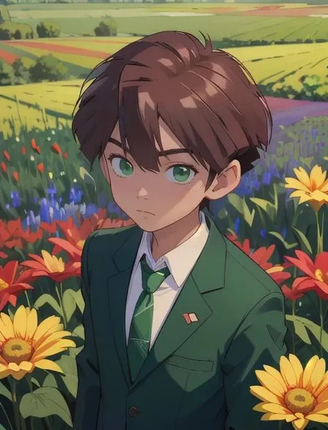 best quality, masterpiece, highres, detailed, digital illustration, <lora:Detail - add_detail:0.2>, HiroDigi, 1boy, brown hair, green eyes, student uniform, necktie, field of flowers, suspicious, <lora:Character - HiroDigi:0.8>