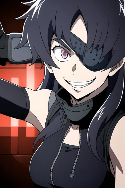 masterpiece, 1girl, minene, eyepatch, jacket, long_hair, wide-eyed, crazy smile, sleeveless, hoodie, grin, evil smile, holding combat knife, warehouse, dark, red light