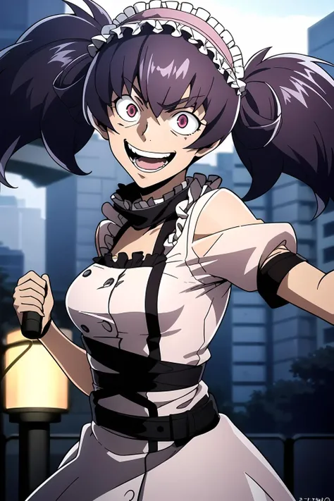 masterpiece, 1girl, minene, dress, hairband, twintails, medium breasts, crazy, holding grenade, city streets, laughing, wide-eyed, dark, street lamps, red eyes, creepy, detailed face