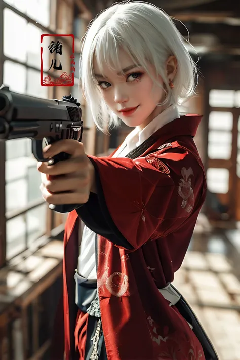 xuer pistol,  white hair,
<lora:~Q?-bKg xuer pistol:0.8>,
evil smile,miko,