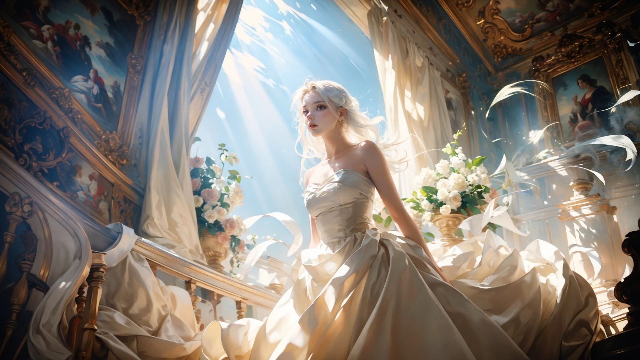 Low Angle shooting, super wide lens,
Rococo stylesolo, bare shouldersstrapless dresssunbeamsunlightmedium breasts,
curtainstreelight raysreflectionlong hairWhite hair, doll,
A shot with tension(Visual impact,giving the poster a dynamic and visually striking appearance:1.2),impactful picture,
<lora:~Q?-mSSlu; Rococo style:0.8>