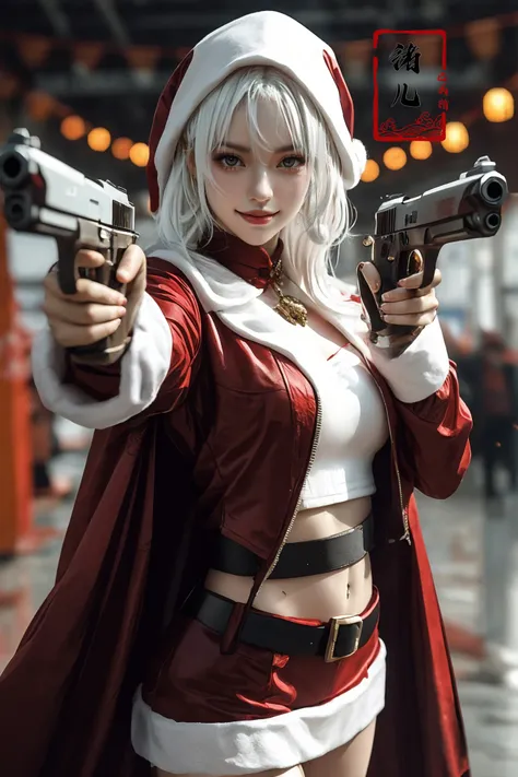 xuer pistol,  white hair,
<lora:~Q?-bKg xuer pistol:0.8>,
evil smile,santa_costume,