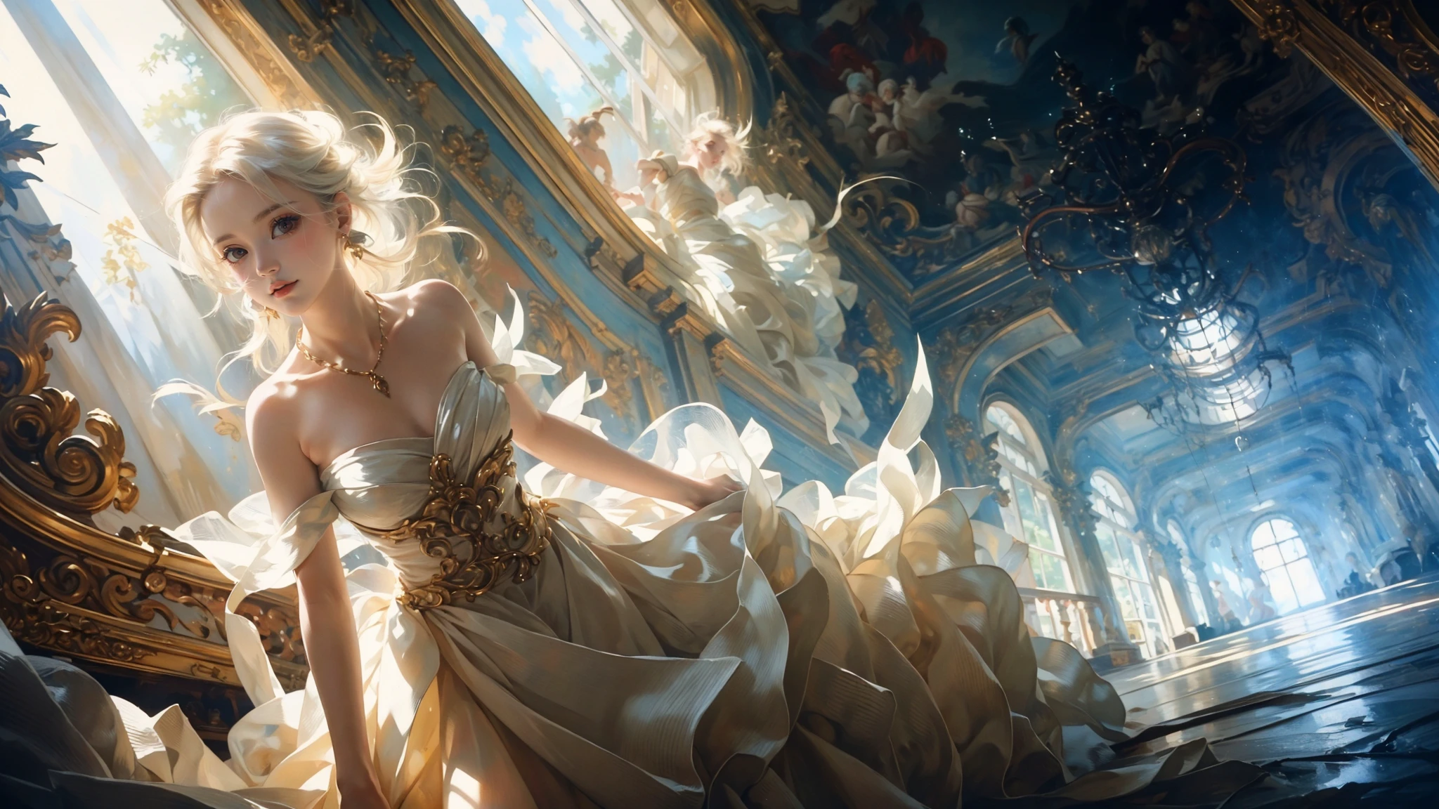 Low Angle shooting, super wide lens,
Rococo stylesolo, bare shouldersstrapless dresssunbeamsunlightmedium breasts,
curtainstreelight raysreflectionlong hairWhite hair, doll,
A shot with tension(Visual impact,giving the poster a dynamic and visually striking appearance:1.2),impactful picture,
<lora:~Q?-mSSlu; Rococo style:0.8>Trapeze,necklace,earrings,