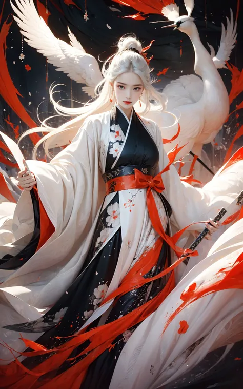 Ink painting, ink painting, splash-ink, ink splash, calligraphy, Chinese characters, Chinese character background
Red crowned crane1girlWhite hair, Hanfu,
A shot with tension(sky glows red,Visual impact,giving the poster a dynamic and visually striking appearance:1.2),Chinese Zen style,impactful picture,
<lora:~Q?-d Red crowned crane:0.8>