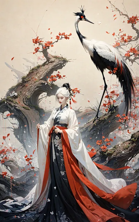 Ink painting, ink painting, splash-ink, ink splash, calligraphy, Chinese characters, Chinese character background
Red crowned crane1girlWhite hair, Hanfu,
<lora:~Q?-d Red crowned crane:0.8>