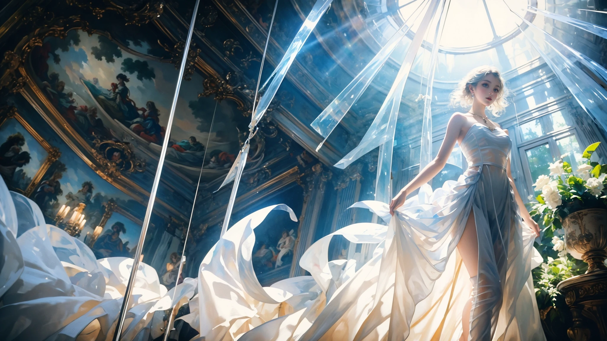 Low Angle shooting, super wide lens,
Rococo stylesolo, bare shouldersstrapless dresssunbeamsunlightmedium breasts,
curtainstreelight raysreflectionlong hairWhite hair, doll,  (Transparent clothes:1.77),
A shot with tension(Visual impact,giving the poster a dynamic and visually striking appearance:1.2),impactful picture,
<lora:~Q?-mSSlu; Rococo style:0.8>(Trapeze:1.4),necklace,earrings,