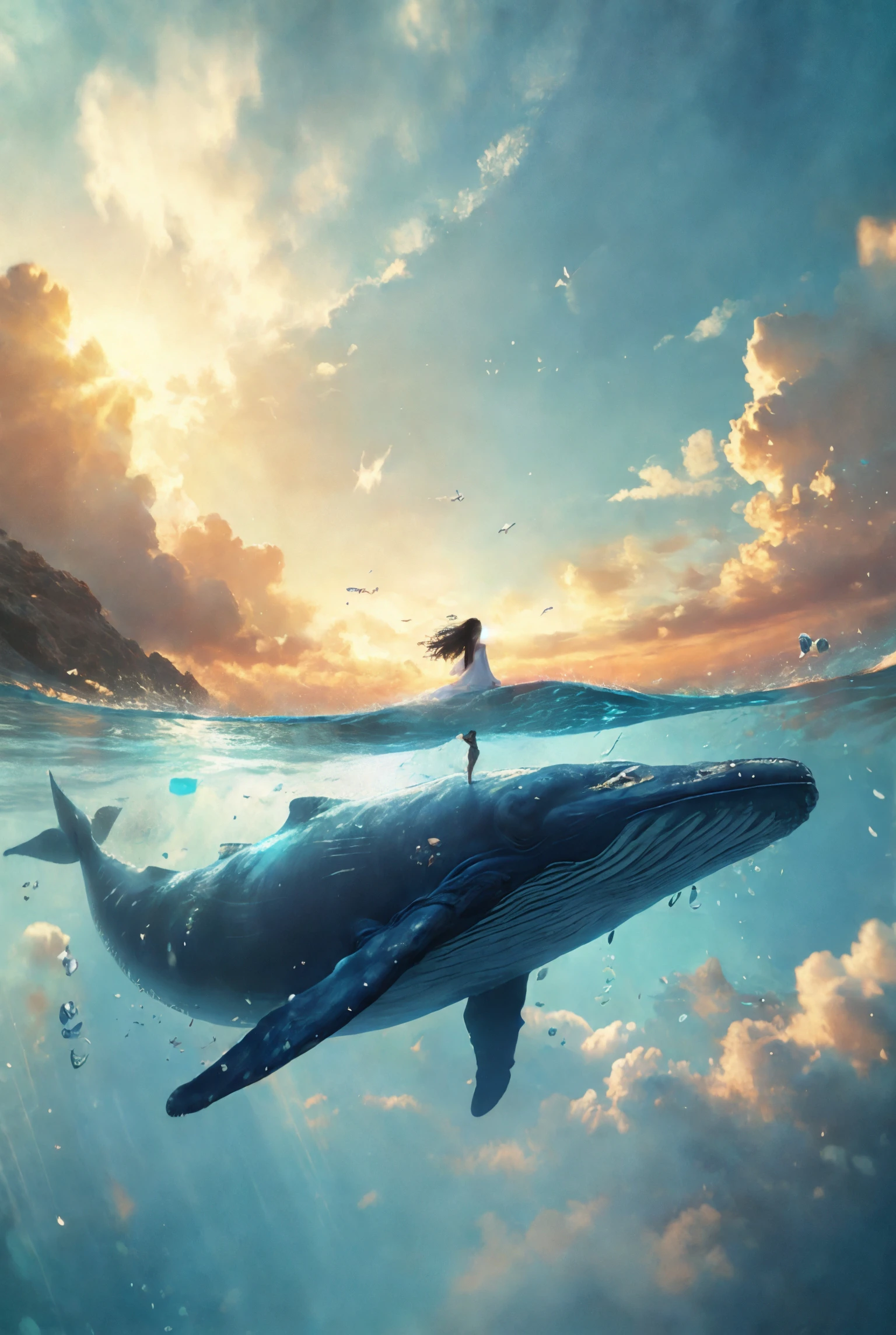 xuer Big whale, 1girl, dress, underwater, long hair, white dress, barefoot, freediving, solo, whale, air bubble, black hair, sleeveless dress, scenery, sunlight, sleeveless, swimming, sundress, bubble, floating hair, submerged, blue theme, ocean
<lora:~Q?-| xuer Big whale:0.8>