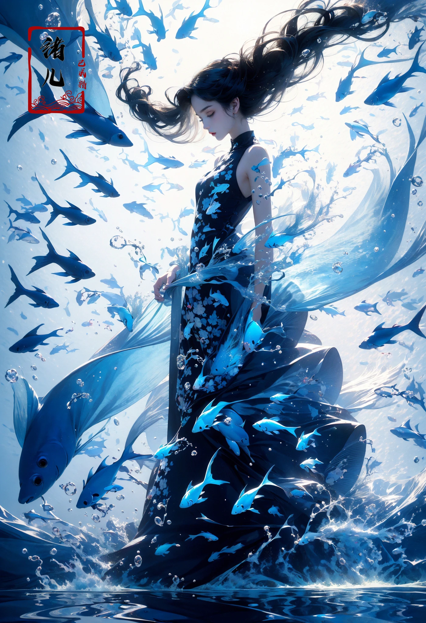 (wide shot, wide-angle lens,Panoramic:1.2),super vista, super wide AngleLow Angle shooting, super wide lens, Chinese, Song rhyme, OrientalprettyA beautiful woman with delicate facial features,(meca style),
offcial art, colorful, Colorful background, splash of color,movie perspective, advertising style, magazine coverfluorescent blue theme, fish, aquarium,  solo,1girl, scenery, water
A shot with tension(Visual impact,giving the poster a dynamic and visually striking appearance:1.2),Chinese Zen style,impactful picture,
<lora:~Q?-mw^NuL Underwater world:0.8>
