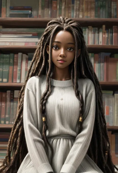 (Highres), (Detailed Illustration), Ultra-Detailed, 8k,highres, a cute girl is sitting at the very top of the bookcase, she is looking down at you from top, this girl is sitting very high, has a lightly black skin, has long hair, dreadlocks, latin, beautiful appearance, detailed skin, subsurface scattered skin, bottom to top camera angle, <lora:add_detail:1> <lora:hairdetailer:0.8>