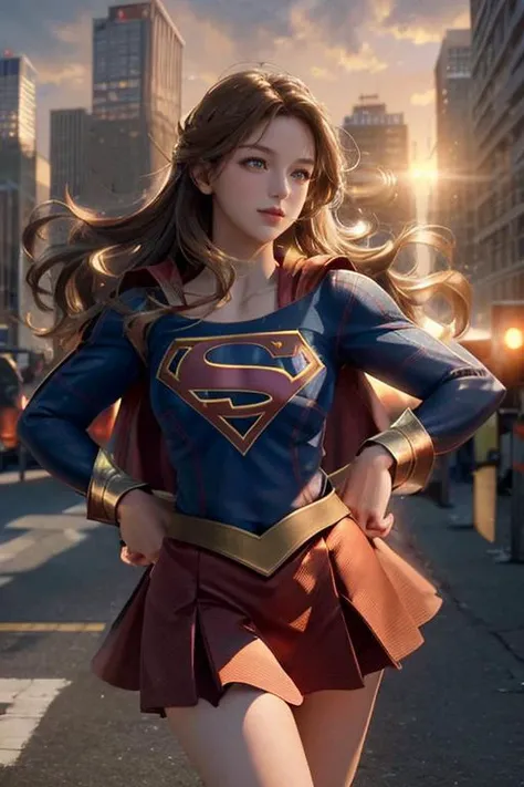 real, atmospheric scene, masterpiece, best quality, (detailed face, detail skin texture, ultra-detailed body),(cinematic light),
<lora:Supergirl_MelissaBenoist_smf_lora_v04-000005:1>, 1girl, s0p3r6m3l1s4-smf, superhero, solo, cape, brown hair, realistic, bodysuit, animification, skirt, flying, blonde hair, arm up, buildings, sky, clouds, sun light