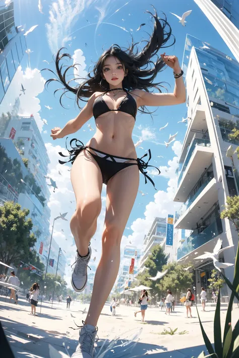 masterpiece,best quality,ultra-detailed,1girl,from below,full body, Fisheye lens, sand,bikini,solo,
<lora:~Q?-gV jumping:0.7>