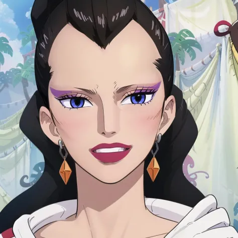 (masterpiece), best quality, kikyo_onepiece, 1girl, long hair, ponytail, jewelry, close up, smile, makeup, lipstick