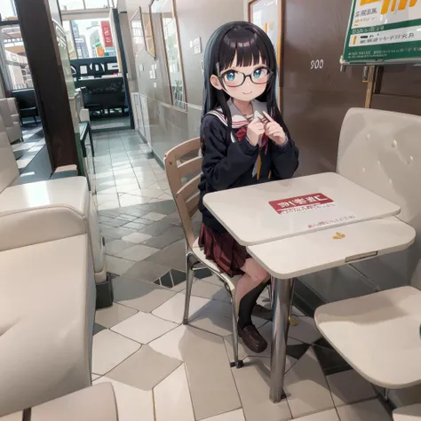 best quality, ultra-detailed, illustration,
makudo, indoors, scenery, poster (object), tiles, window, tile floor, chair, building,
1girl, glasses, solo, black hair, long hair, smile, looking at viewer, school uniform, sitting,
<lora:McDonald_JP_indoors_SD15_V2:1>
