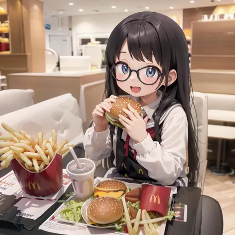 best quality, ultra-detailed, illustration,
1girl, solo, glasses, black hair, long hair, school uniform, happy, laughing, holding, holding burger, looking at viewer, sitting,
food, food focus, cup, burger, french fries, disposable cup, still life, cheese, tray, drinking straw, bread, drink, table, chair, 
<lora:McDonald_JP_indoors_SD15_V2:1>