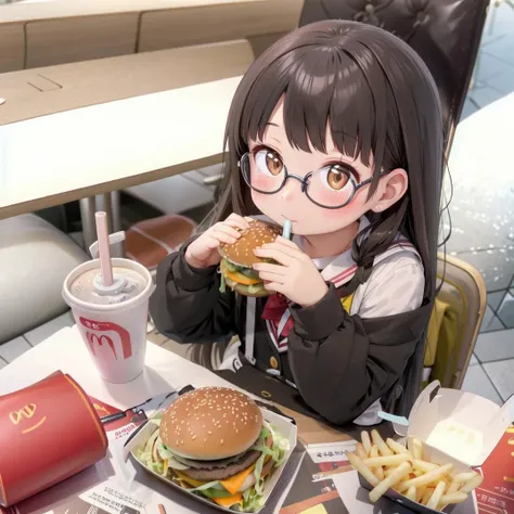 best quality, ultra-detailed, illustration,
1girl, glasses, black hair, long hair, brown eyes, school uniform, school bag, blush, looking at viewer, sitting,
food, food focus, cup, burger, french fries, disposable cup, still life, cheese, drinking straw, bread, drink, tray, table, chair,
<lora:McDonald_JP_indoors_SD15_V2:1>