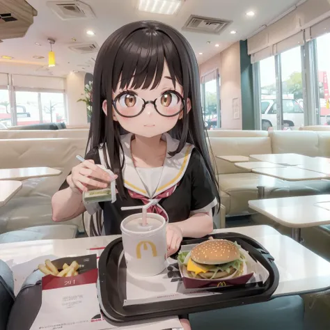 best quality, ultra-detailed, illustration,
makudo, indoors, scenery, poster (object), chair, ceiling light, window, ceiling, table, blinds,
food, food focus, cup, burger, french fries, disposable cup, still life, cheese, drinking straw, bread, drink, tray, table, chair,
1girl, glasses, black hair, long hair, brown eyes, school uniform, school bag, blush, looking at viewer, sitting,
<lora:McDonald_JP_indoors_SD15_V2:1>