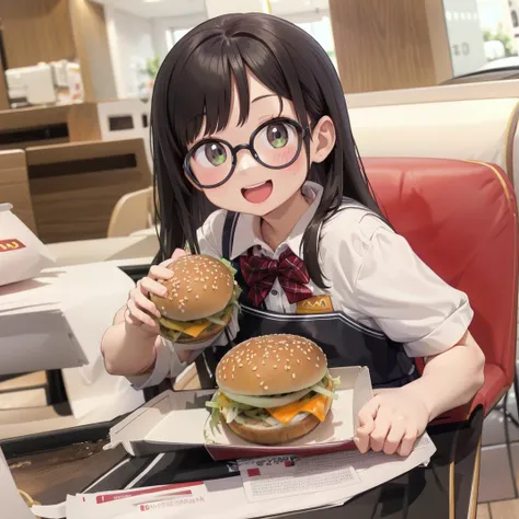 best quality, ultra-detailed, illustration,
1girl, solo, glasses, black hair, long hair, school uniform, happy, laughing, holding, holding burger, looking at viewer, sitting,
food, food focus, cup, burger, french fries, disposable cup, still life, cheese, tray, drinking straw, bread, drink, table, chair,
<lora:McDonald_JP_indoors_SD15_V2:1>