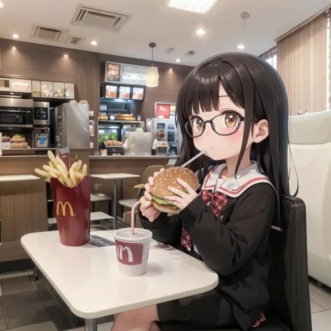 best quality, ultra-detailed, illustration,
makudo, indoors, scenery, poster (object), chair, ceiling light, window, ceiling, table, blinds,
food, food focus, cup, burger, french fries, disposable cup, still life, cheese, drinking straw, bread, drink, tray, table, chair,
1girl, glasses, black hair, long hair, brown eyes, school uniform, school bag, blush, looking at viewer, sitting,
<lora:McDonald_JP_indoors_SD15_V2:0.8>