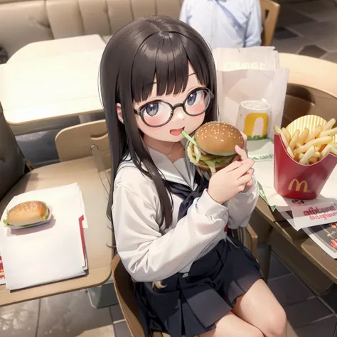 best quality, ultra-detailed, illustration,
1girl, solo, glasses, black hair, long hair, school uniform, happy, laughing, holding, holding burger, looking at viewer, sitting,
food, food focus, cup, burger, french fries, disposable cup, still life, cheese, tray, drinking straw, bread, drink, table, chair,
<lora:McDonald_JP_indoors_SD15_V2:1>