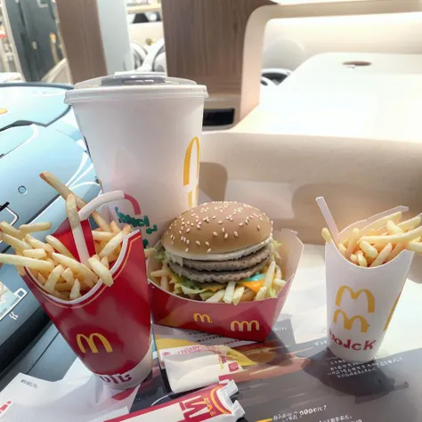 best quality, ultra-detailed, illustration,
food, food focus, cup, burger, french fries, disposable cup, still life, cheese, realistic, drinking straw, bread, drink
 <lora:McDonald_JP_indoors_SD15_V2:1>