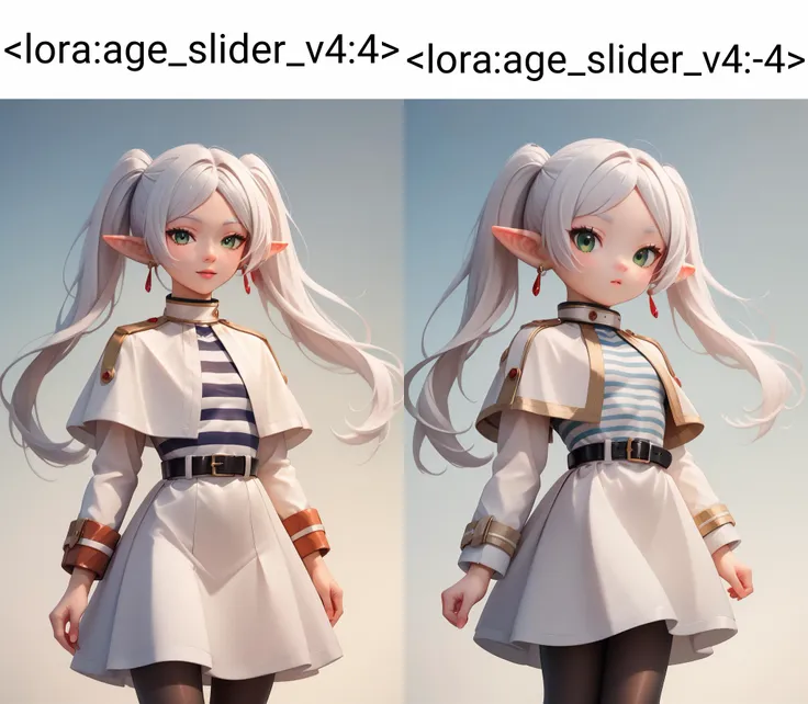 white capelet, striped shirt, long sleeves, belt, white skirt, black pantyhose <lora:ChamFrierenPonyXL:1> Frieren,green eyes,white hair,long hair,twintails, earrings,small chest, flat <lora:age_slider_v4:4> <lora:Beautiful_CAT_Pony:1>, Score_9, Score_8_up, Score_7_up, Score_6_up, Score_5_up, Score_4_up, BREAK,1girl in full growth, best quality, masterpiece, ultra-detailed, high quality,good quality,1 girl,(master piece,high resolution, ultra detailed,8K,16K),look at viewer