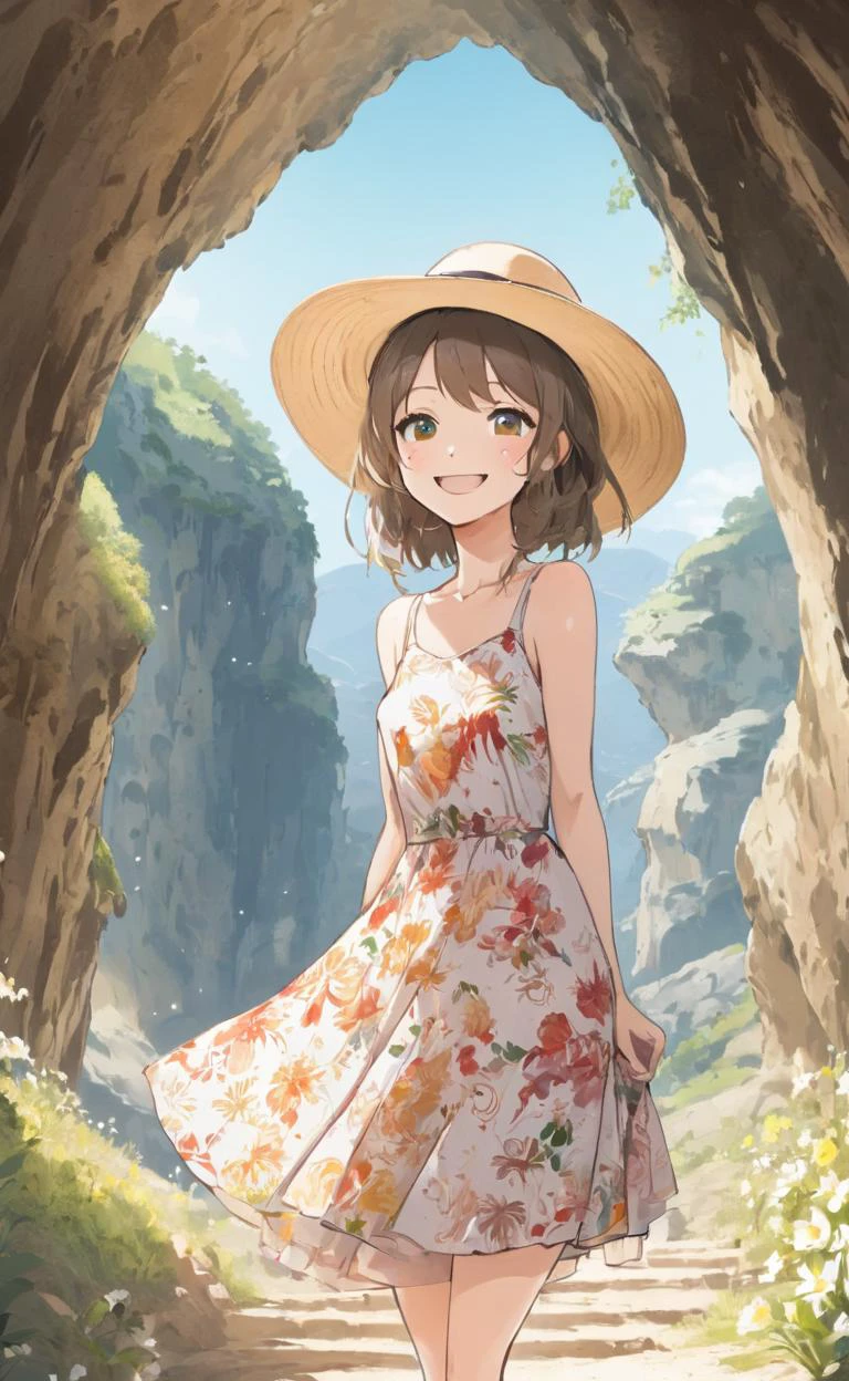 A woman smiling in front of a cave entrance, anime, floral dress, wide brim hat, <lyco:neg4all_bdsqlsz_xl_V7:1.0>, sun, clear sky