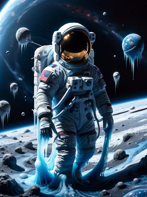 ral-frozenslime, An astronaut's spacewalk around a shuttle, both astronaut and shuttle covered in a sleek sheen of cosmic frozen slime, set against the deep black of space <lora:ral-frozenslime-sdxl:1>, surreal, HDR, captured with the clarity of a Hasselblad X1D, <lora:EnvyBetterHiresFixXL01:0:hr=1>
