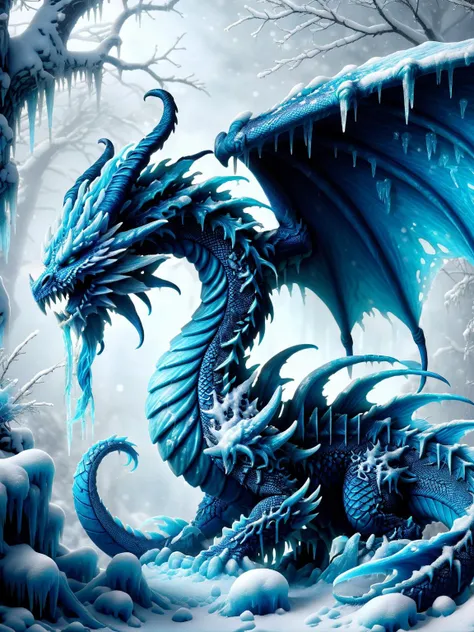 ral-frozenslime, A fierce dragon breathing a chilling mist, its wings and scales adorned with a crystalline layer of frozen slime, set in a mystical, snow-covered forest <lora:ral-frozenslime-sdxl:1>, fantastical, HDR, captured with the ethereal quality of a Leica Q2, <lora:EnvyBetterHiresFixXL01:0:hr=1>