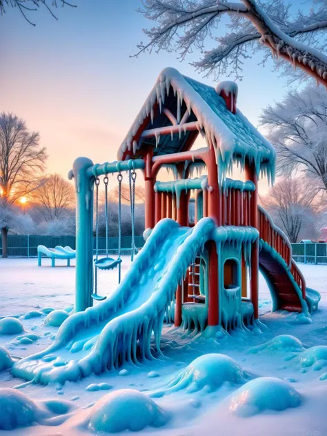 ral-frozenslime, A scene of children's playground, slides and swings turned into a winter wonderland with playful frozen slime structures, in the soft light of dawn <lora:ral-frozenslime-sdxl:1>, innocent, HDR, captured with a Pentax K-1 Mark II, <lora:EnvyBetterHiresFixXL01:0:hr=1>