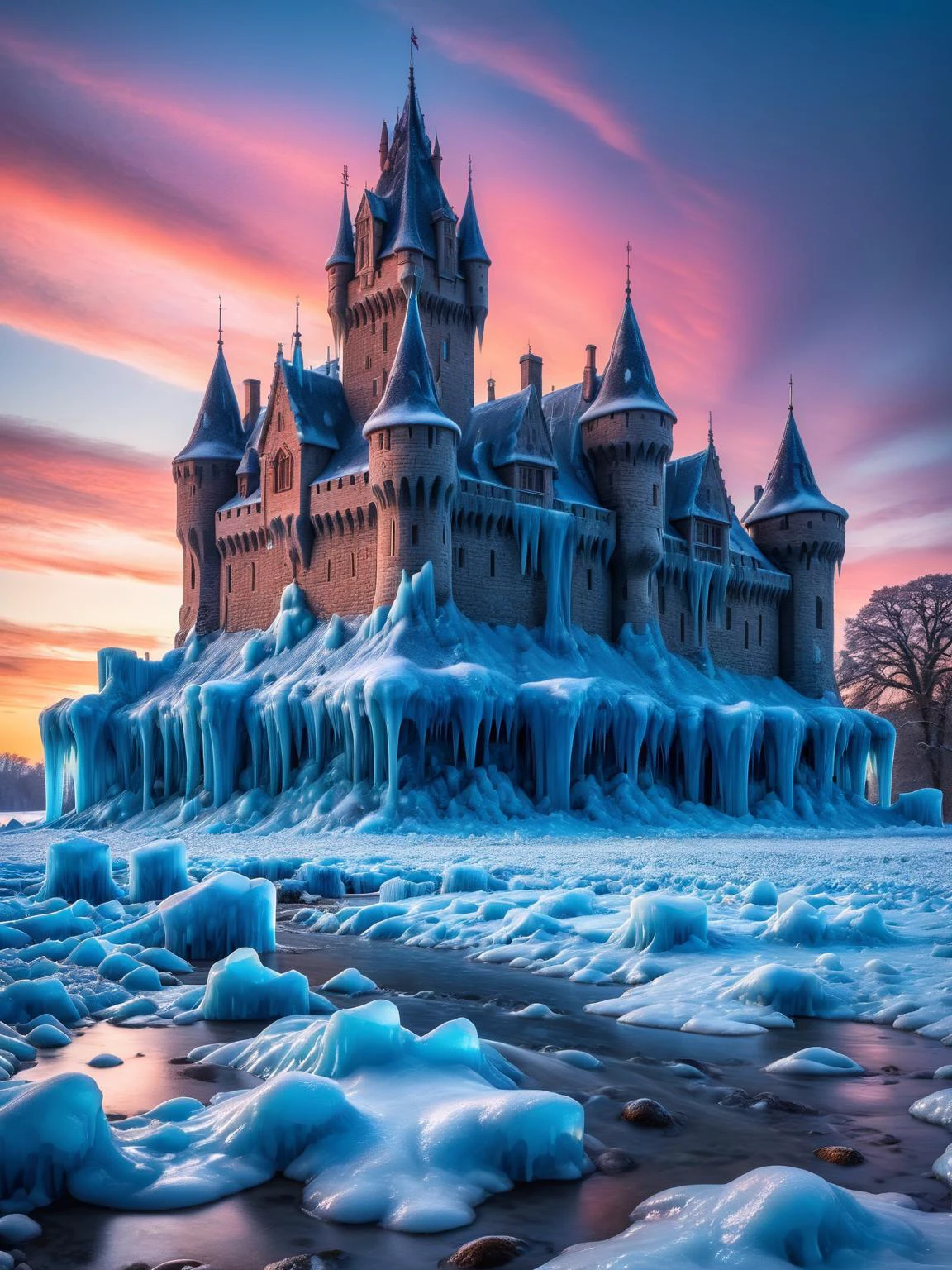 ral-frozenslime, A once-majestic castle now captured in a moment of frozen time, with towers and battlements dripping with icy slime, set against a twilight sky <lora:ral-frozenslime-sdxl:1>, dynamic, cinematic, masterpiece, intricate, HDR, captured with the high dynamic range of a Sony Alpha a7R IV, <lora:EnvyBetterHiresFixXL01:0:hr=1>
