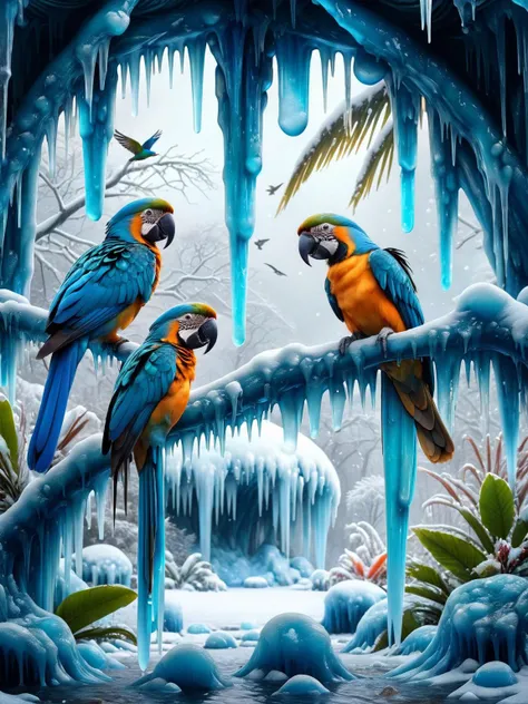 ral-frozenslime, A tropical rainforest paradoxically frozen in time, with exotic birds and foliage draped in shimmering slime icicles, under a canopy of ice <lora:ral-frozenslime-sdxl:1>, evocative, HDR, photographed with the vibrant color rendering of a Fujifilm GFX 100, <lora:EnvyBetterHiresFixXL01:0:hr=1>