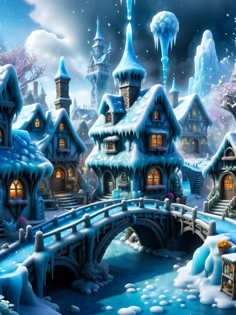 ral-frozenslime, A whimsical scene of a ral-glacial fairy village, with tiny shops, village square, bridges, and gardens all intricately detailed in ral-frozenslime textures,smoke from chimneys <lora:ral-frozenslime-sdxl:0.5>, dynamic, cinematic, masterpiece, intricate, hdr. <lora:EnvyBetterHiresFixXL01:0:hr=1>