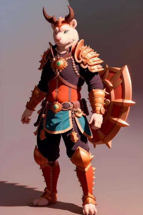 (Professional 3D rendering:1.3) of (Ultra detailed:1.3) fantasycharacter, 1boy solo, standing, male focus, full body, looking at the viewer, (horns, armor, shoulder armor, jewelry, belt, furry male, colored skin, spikes, pants, pauldrons),CGSociety,ArtStation