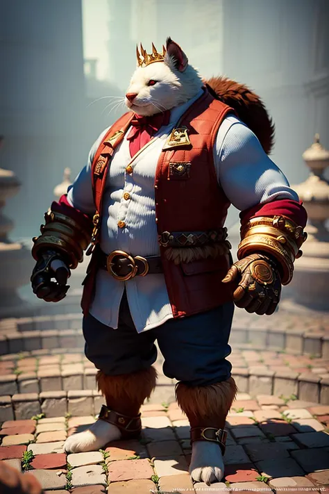 (Professional 3D rendering:1.3) of fantasycharacter, 1boy solo, standing, male focus, full body, front view, looking at the viewer, fantasy video game character, battle-ready pose, (crown, furry, animal ears, white shirt, claws, long sleeves, barefoot, brown vest, blue jeans pants), (realistic eyes, realistic fur, realistic hands, fit body, veiny muscles, detailed fur), (((cinematic lighting, outside fantasy background))), ({masterpiece},{bestquality}, original, majestic),CGSociety,ArtStation