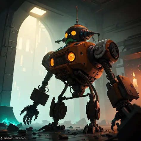 best quality, 4k, UHD, digital painting, portrait of a sinister robot villain in a scifi funeral home, exposed mechanical parts, standing, detailed background, style of Chris Foss, masterpiece, unreal engine, fantasycharacter
