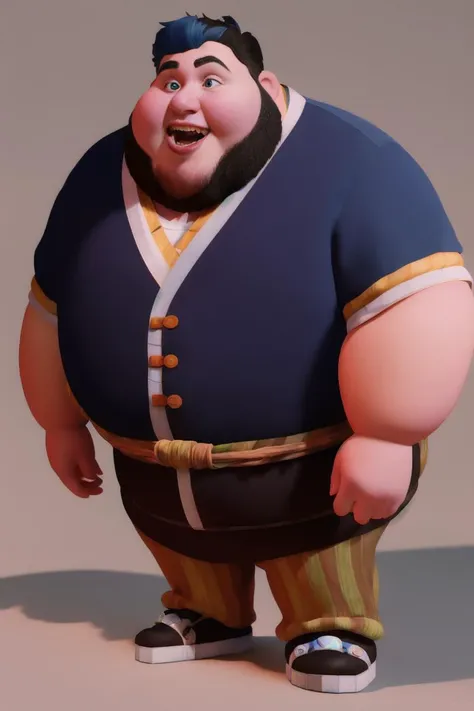 (Professional 3D rendering:1.3) of fantasycharacter, 1boy solo, standing, male focus, full body, looking at the viewer, fantasy video game character, Instagram pose, (fat man, thick eyebrows, blue skin, black hair, open mouth, teeth, tongue, shouting, topknot, Japanese clothes, samurai clothes),CGSociety,ArtStation