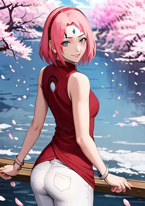 masterpiece, absurdres ,1girl, haruno sakura,forehead mark, red hairband, red sleeveless dress,bracelet, from behind, white pants, (uchiha crest), looking at viewer, outdoor, cherry blossoms, floating hair, smile, cowboy shot, liptsck